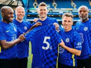 Former Chelsea player Gianfranco Zola, Eidur Gudjohnsen, William Gallas, Rob Green and Geremi during launch of 5G services at Stamford Bridge