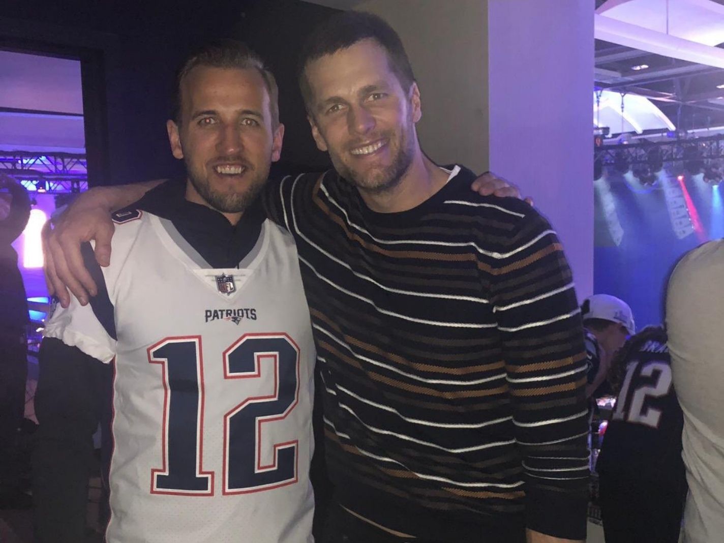 Harry Kane in Patriots gear with Tom Brady