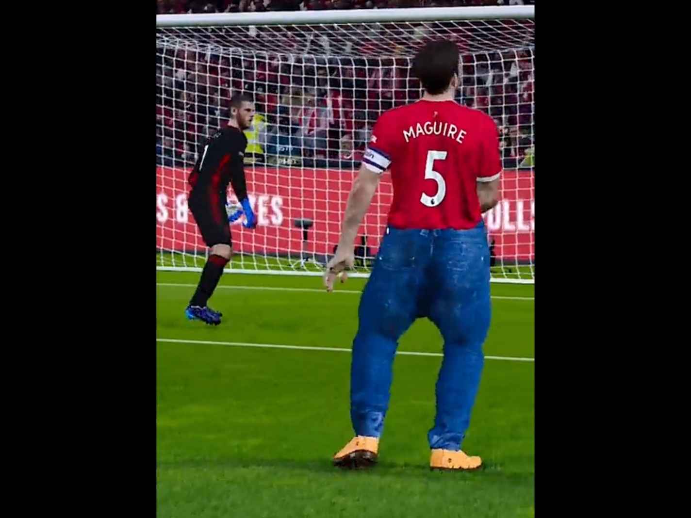 Harry Maguire playing football in jeans and Timberlands