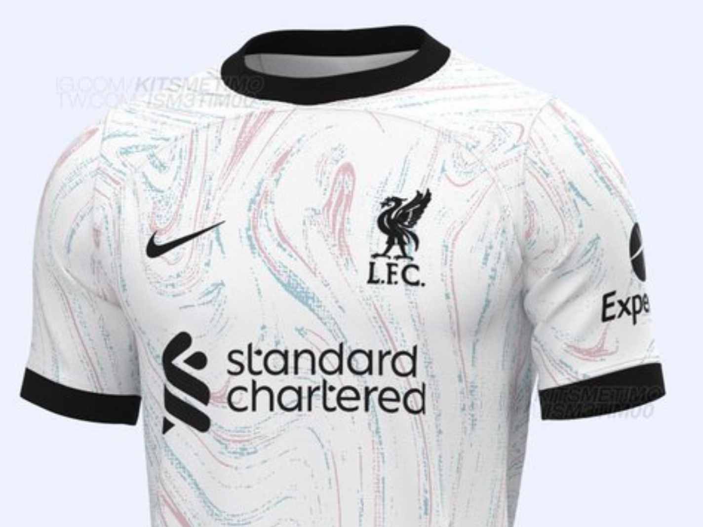 Leaked design shows Liverpool 22/23 away kit to be a classic white strip with red and blue marbled print