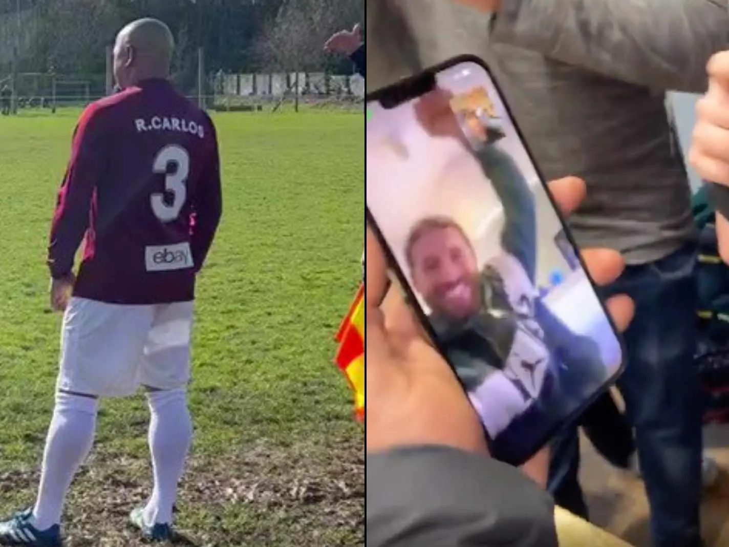 Roberto Carlos gives pub patrons unforgettable moment by facetiming Sergio Ramos after making his Sunday League debut with Bull in the Barne United