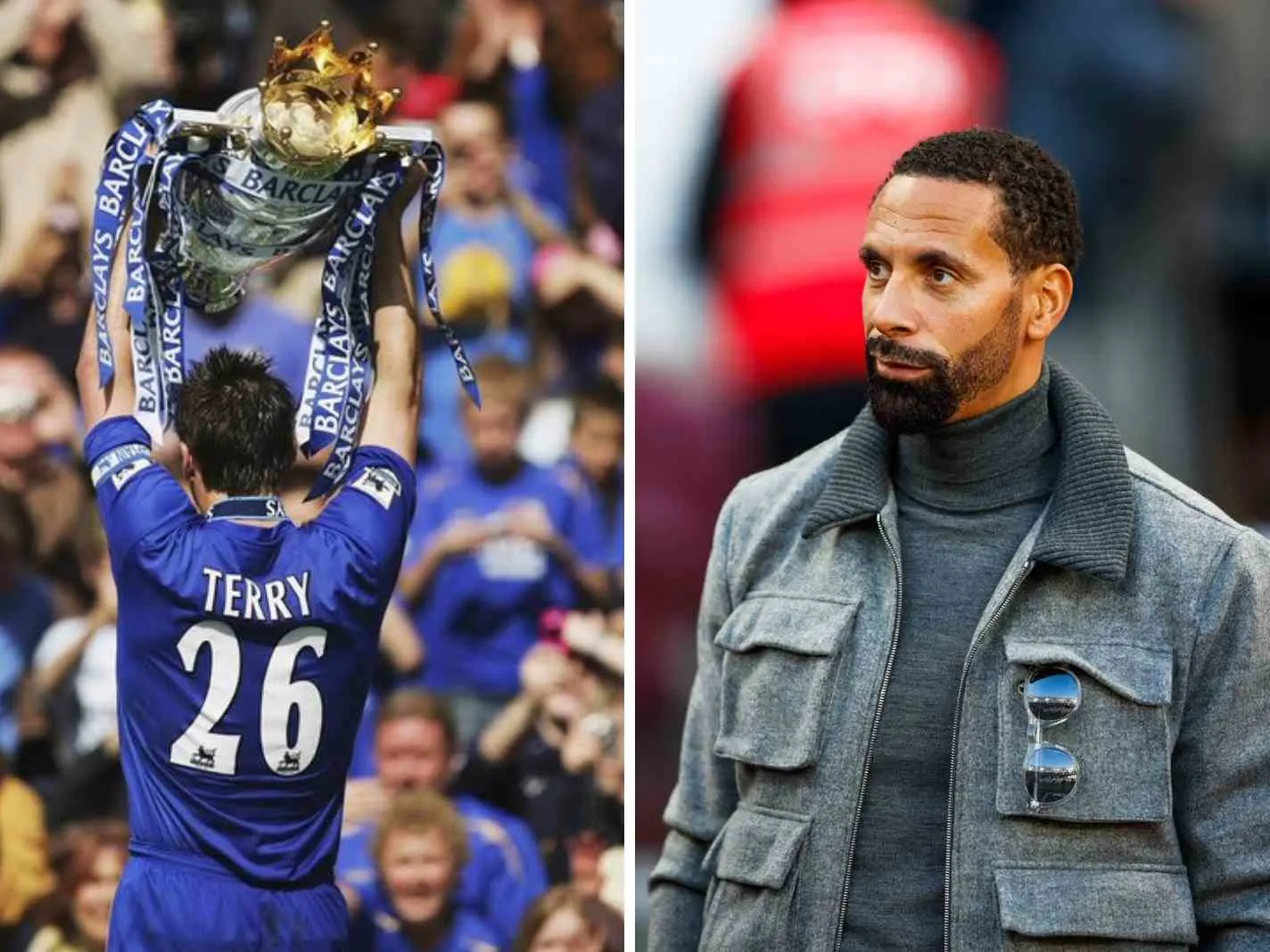 A two photo collage featuring John Terry lifting Premier League trophy and Rio Ferdinand in casual attire.
