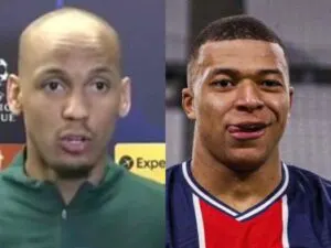 A two photo collage featuring Fabinho and Kylian Mbappe