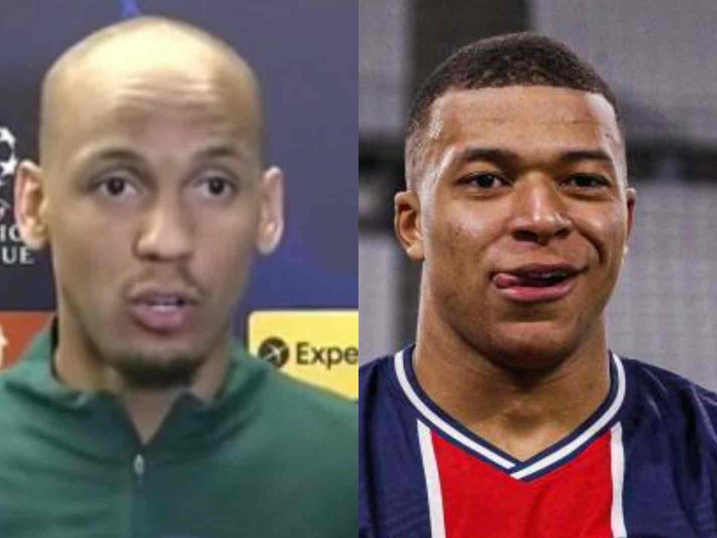 A two photo collage featuring Fabinho and Kylian Mbappe