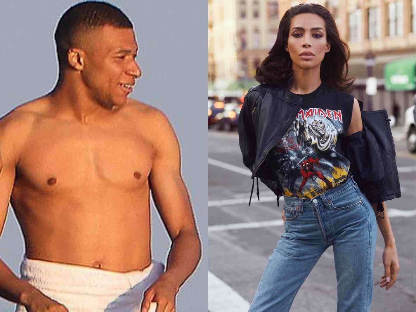 A two photo collage featuring Kylian Mbappe and Ines Rau.