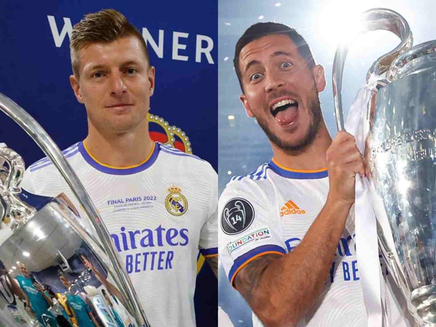 A two photo collage featuring Toni Kroos and Eden Hazard lifting Champions League trophy