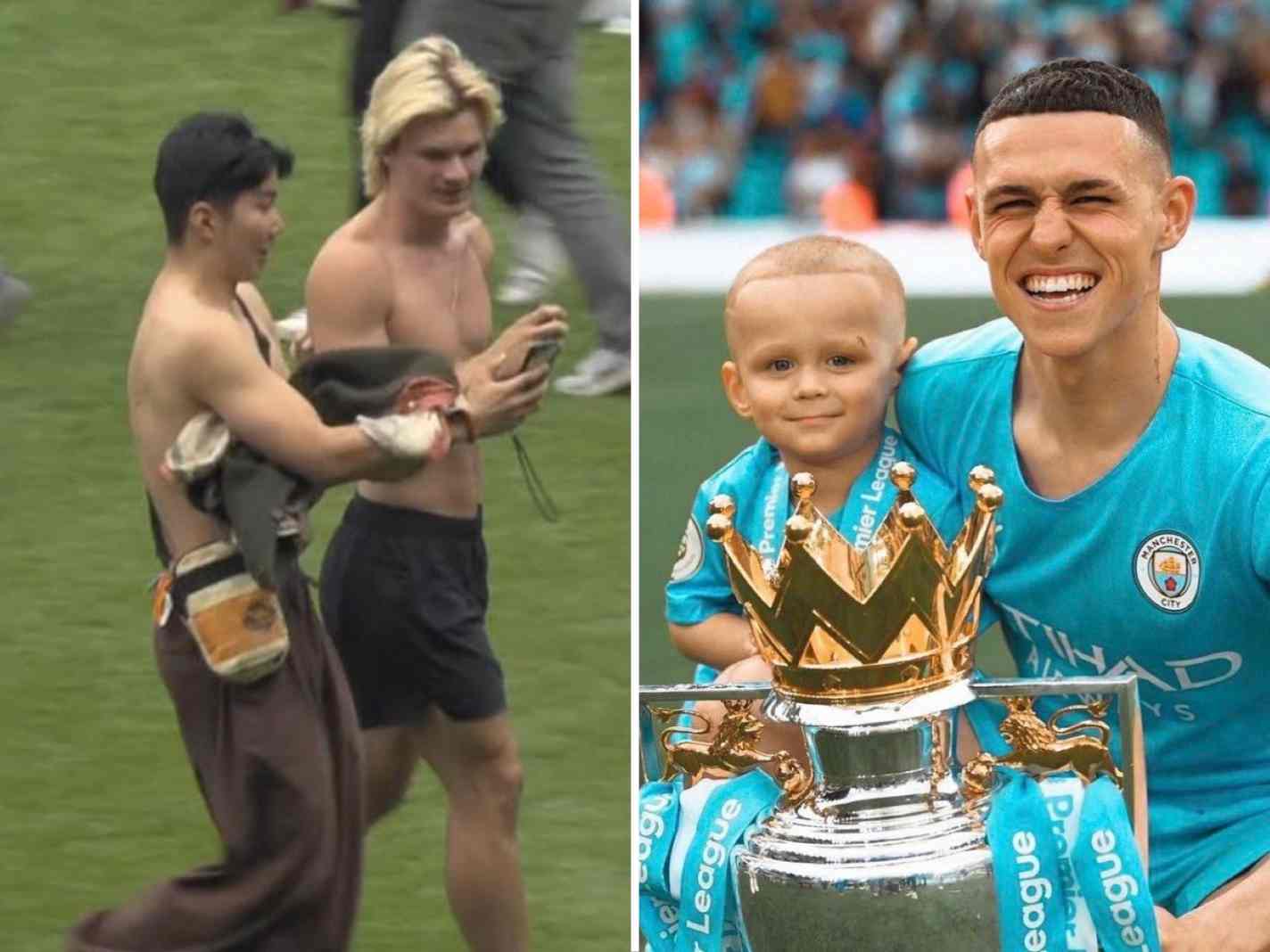 A two photo collage featuring an Erling Haaland lookalike and Phil Foden and his son.