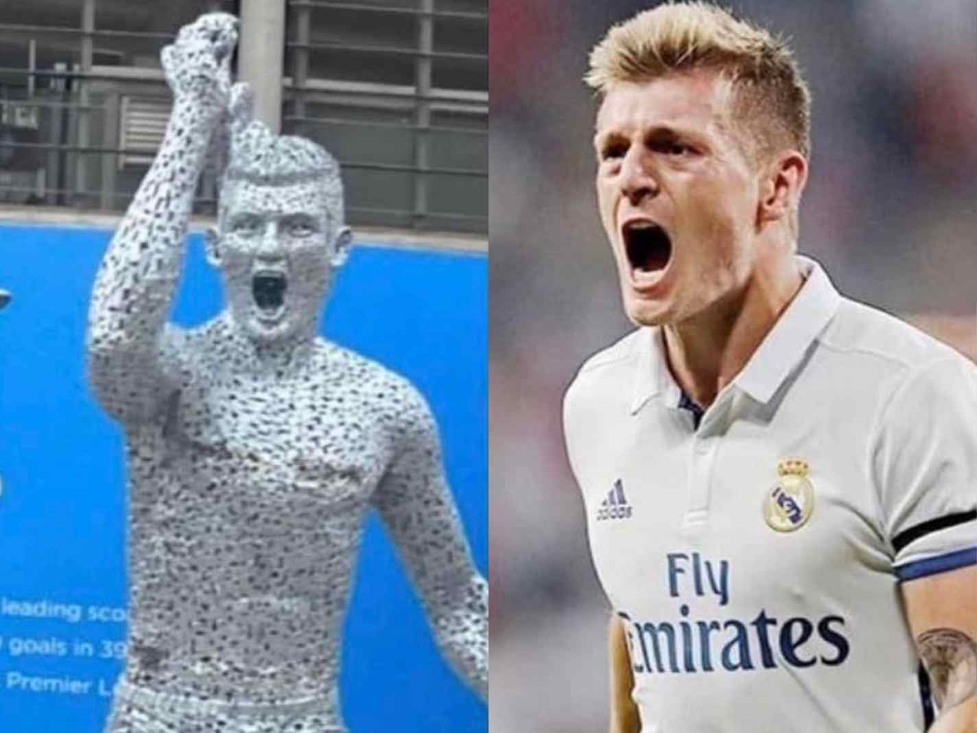 In this image - A comparison between new Sergio Aguero statue and Toni Kroos