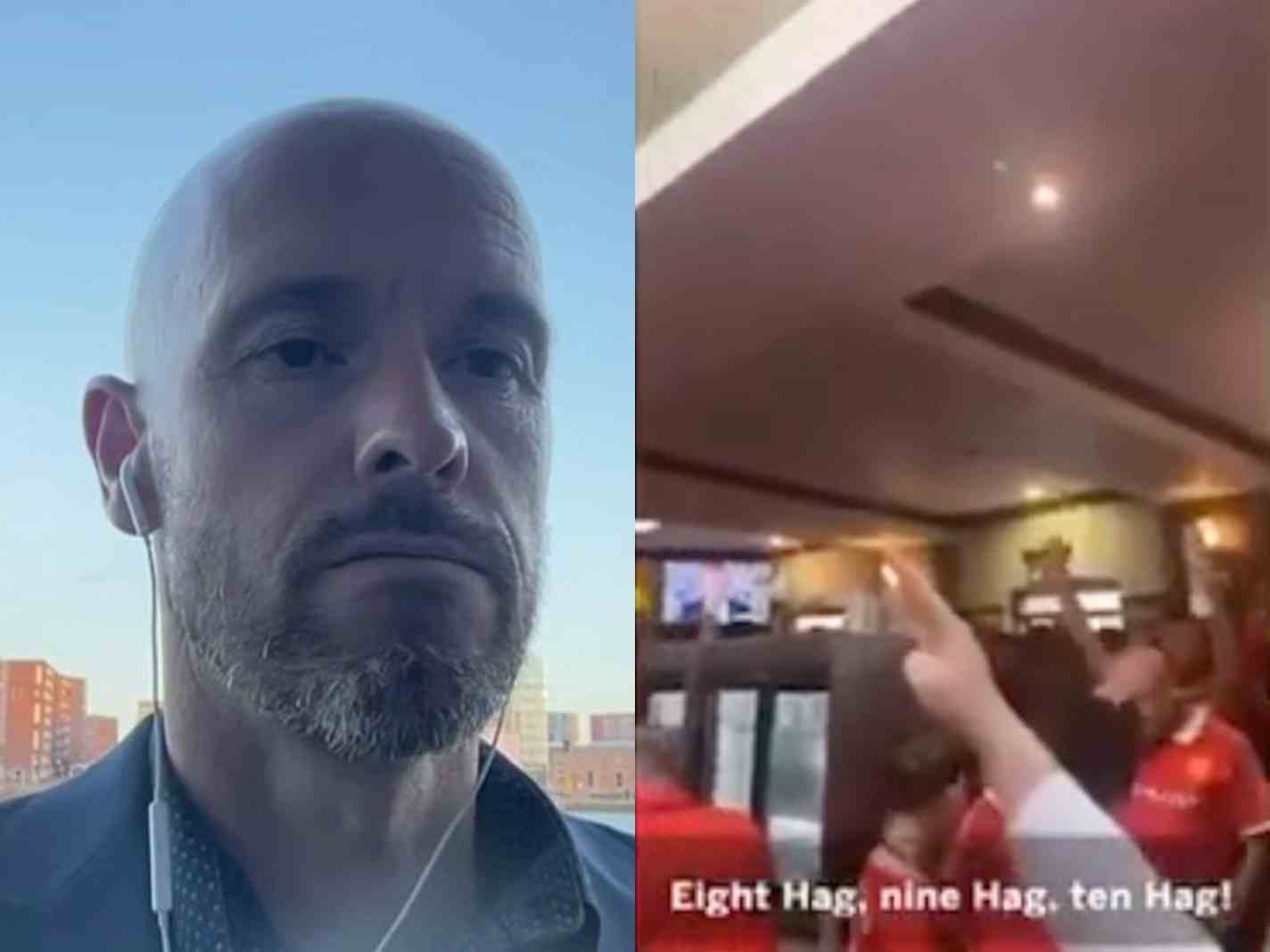 In this image - Erik ten Hag listening to his new chant from Man United fans