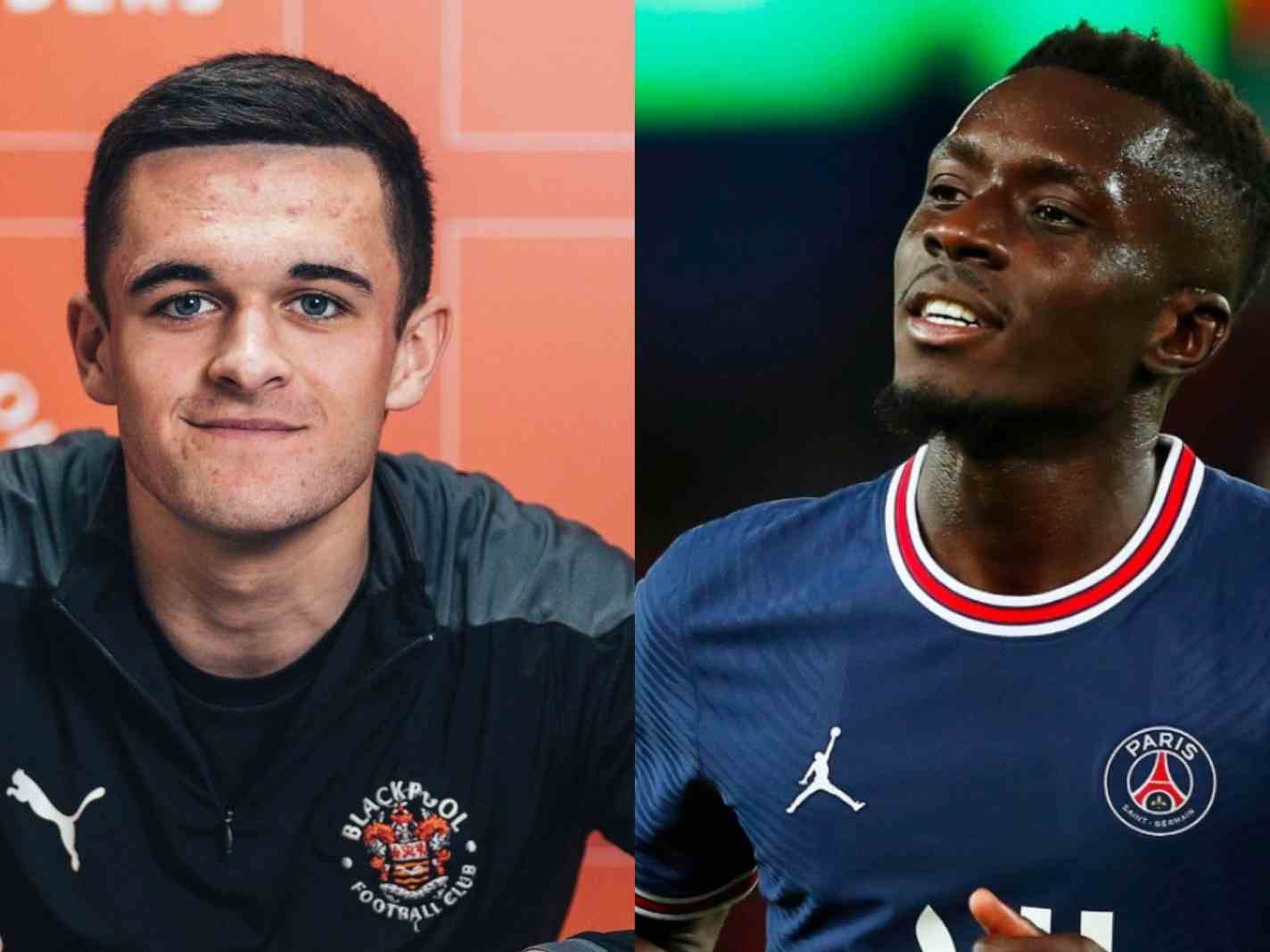 In this image - Jake Daniels and Idrissa Gueye