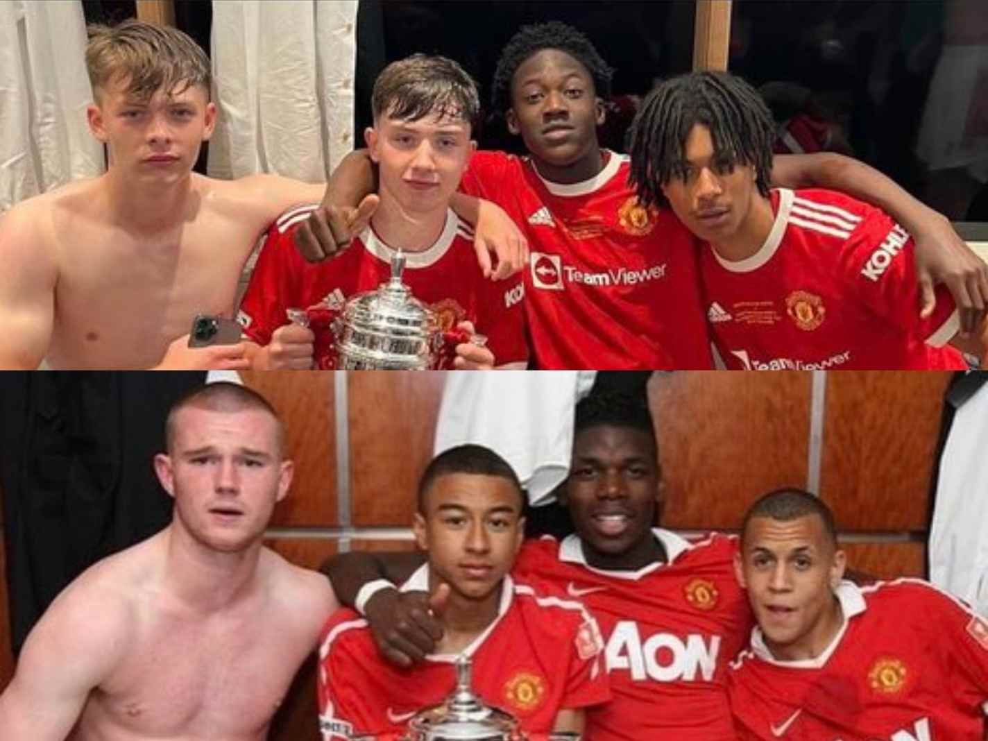In this image - Man United U18 side recreating photo featuring the likes of Jesse Lingard, Paul Pogba and Ravel Morrison