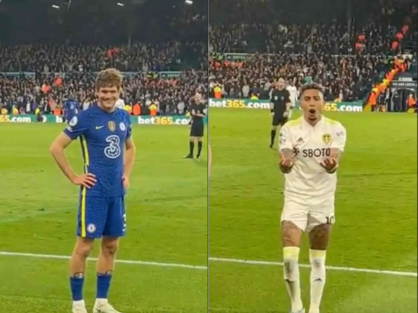 In this image - Marcos Alonso and Raphinha's contrasting reaction as Leeds fan refuses to give the ball back