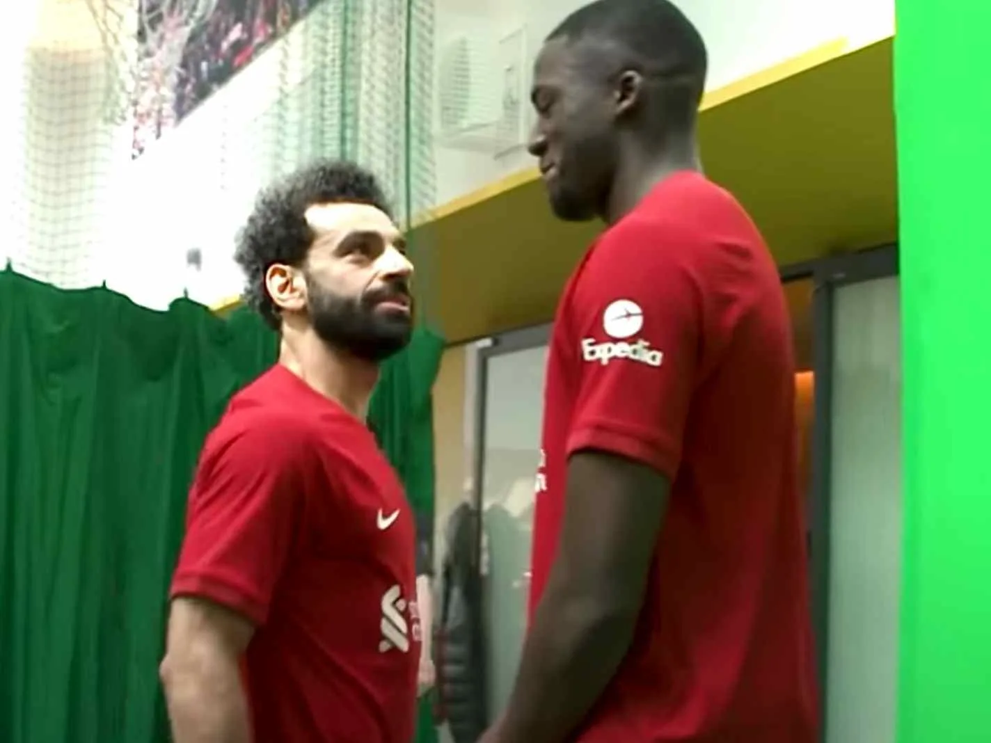 In this image - Mohamed Salah squaring up to Ibrahima Konate during a photoshoot