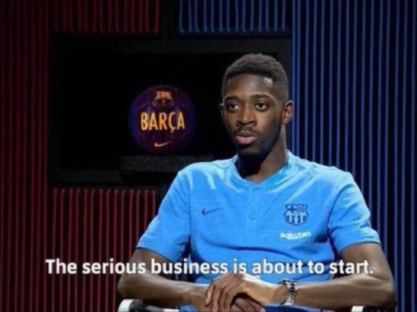 In this image - Ousmane Dembele, along with the caption 'The serious business is about to start'.