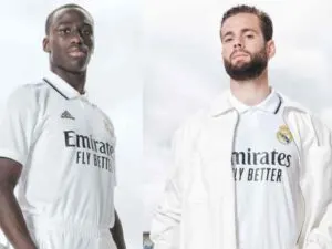 In this image - Real Madrid players Ferland Mendy and Nacho Hernandez model new home kit for 2223 season