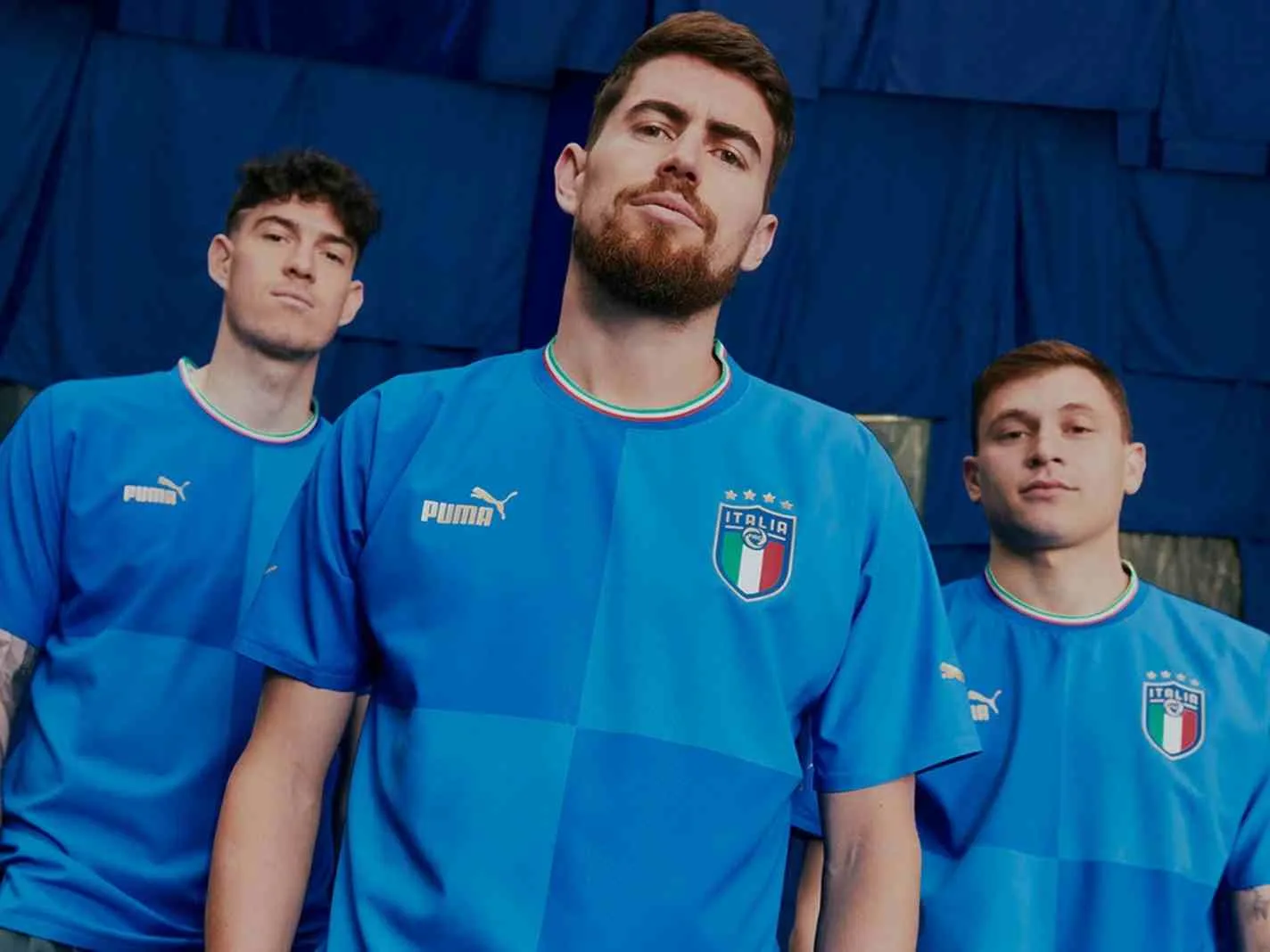 Italy players including Jorginho (centre) don new home kit from Puma