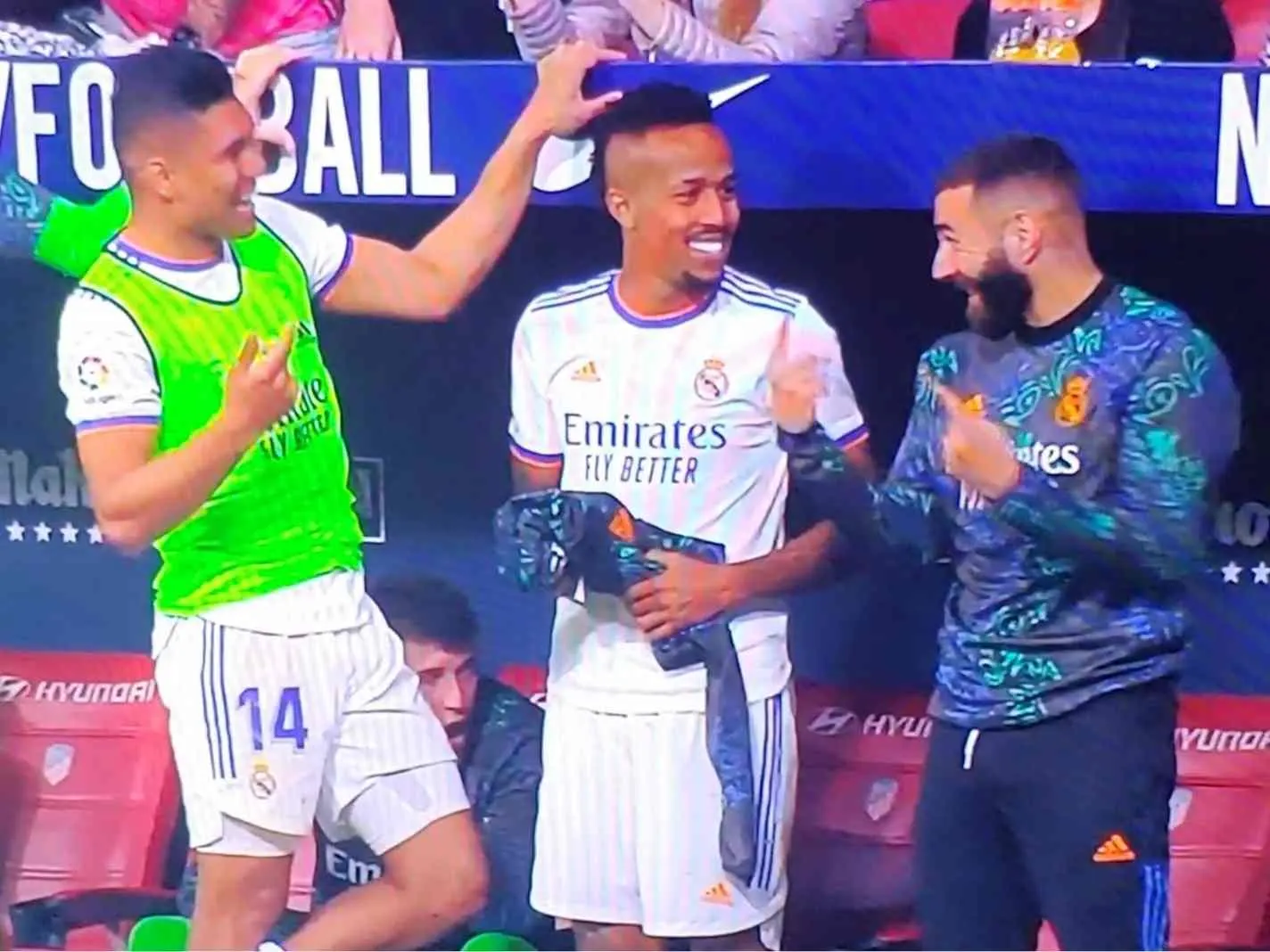 The image shows Casemiro, Militao and Benzema having a laugh at the bench towards the end of Real Madrid's derby loss against Atletico.