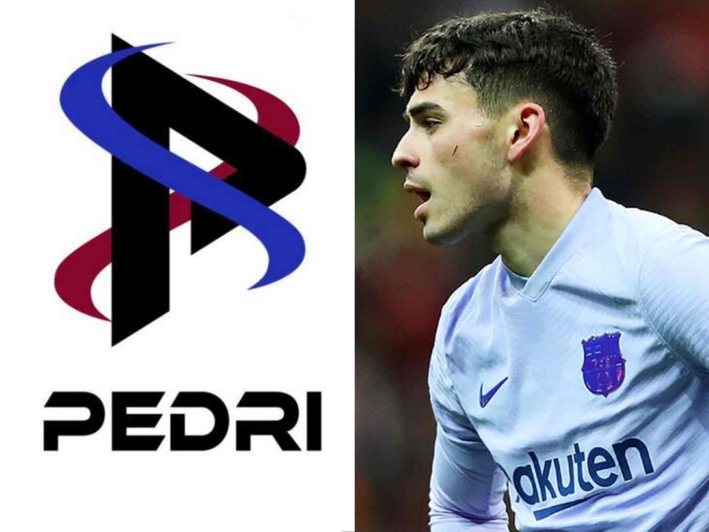 The image shows Pedri on the right and his new logo on the left.