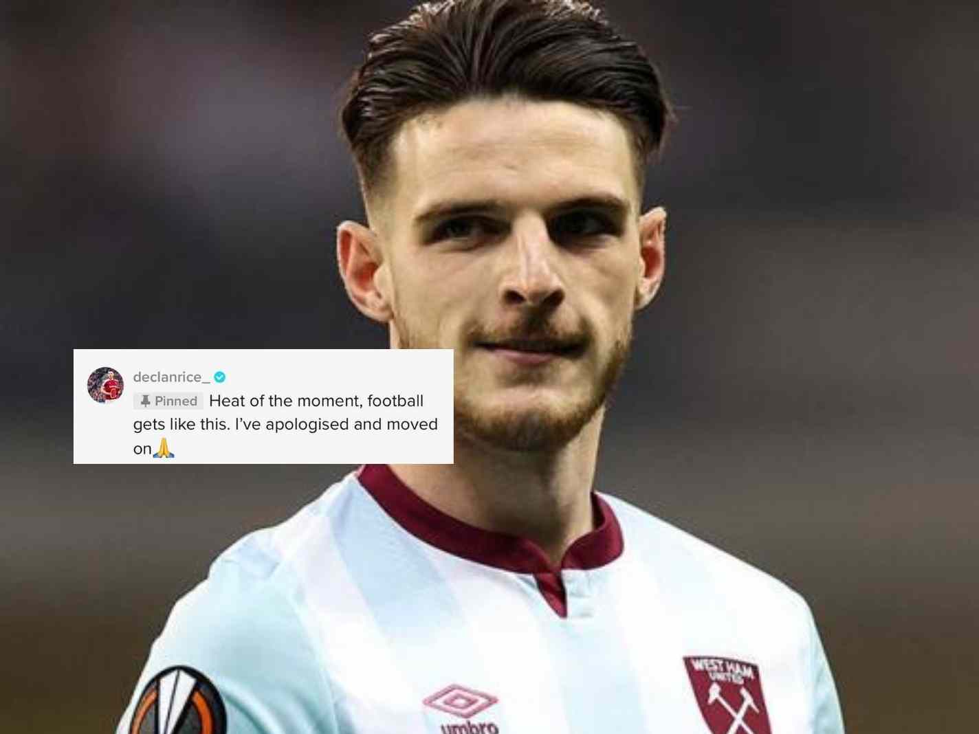 The photo shows Declan Rice looking on before a West Ham match, along with a screenshot of Rice's TikTok apology to referee.