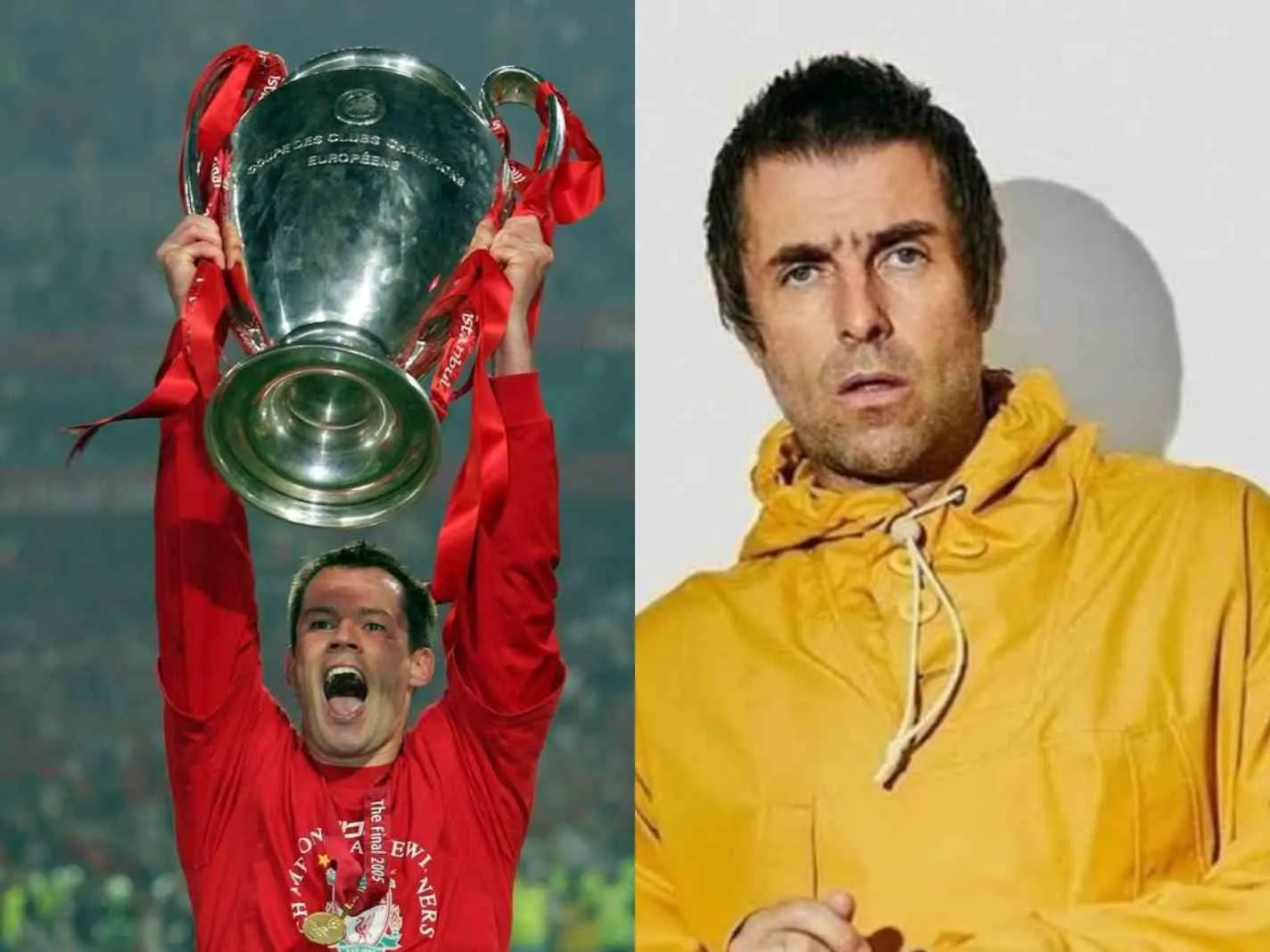 The photo shows Jamie Carragher holding a Champions League trophy and Man City superfan Liam Gallagher