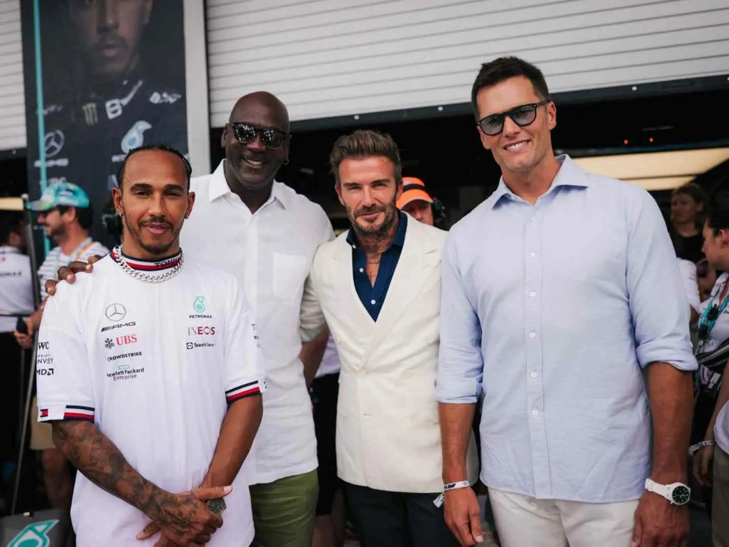 The photo shows Lewis Hamilton, Michael Jordan, David Beckham and Tom Brady together at Miami GP