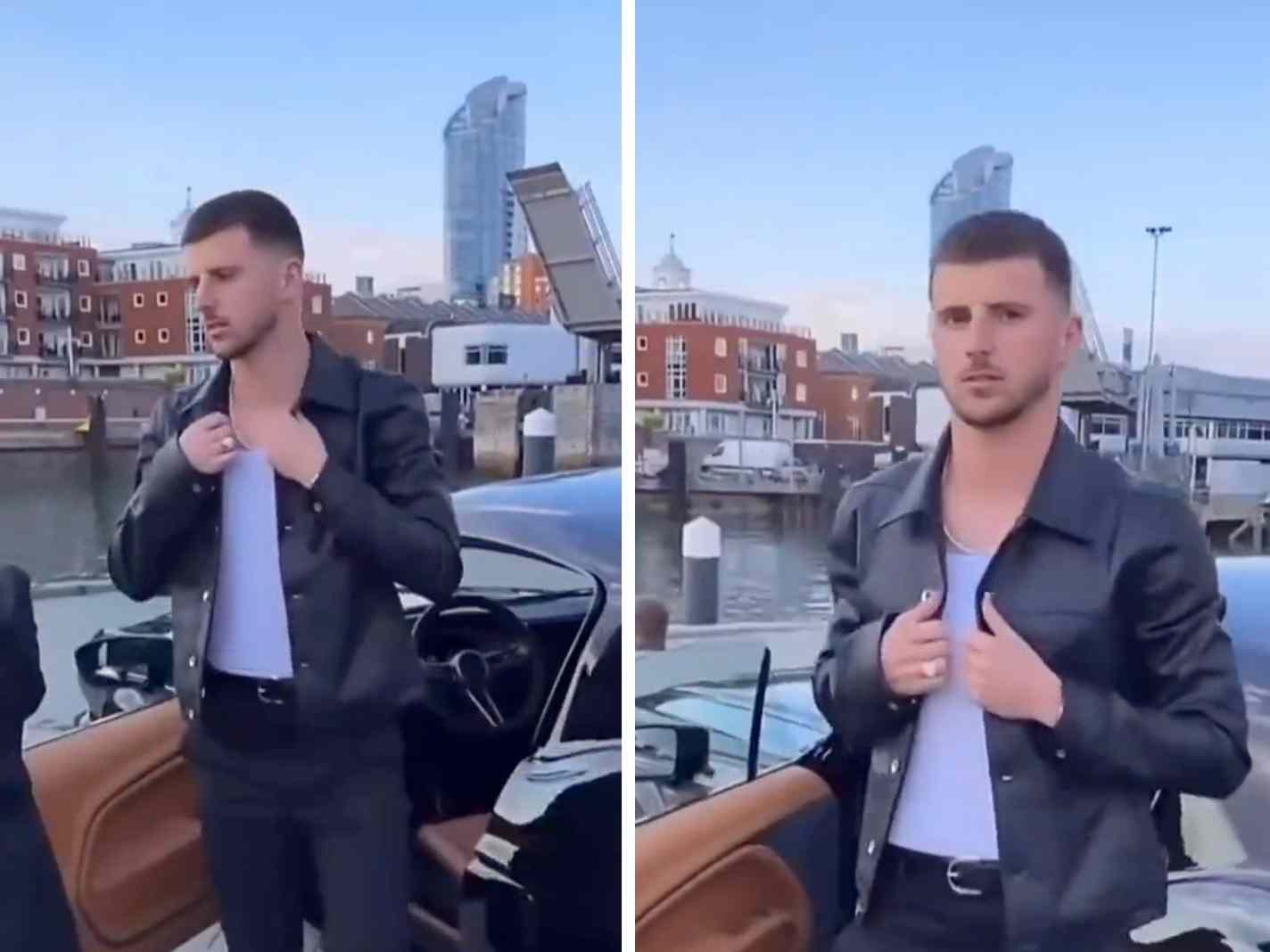The photo shows Mason Mount during a photoshoot wearing a leather jacket, a white vest and gold chain.