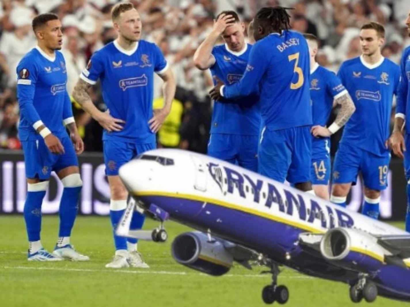 The photo shows Rangers players and a Ryanair plane.
