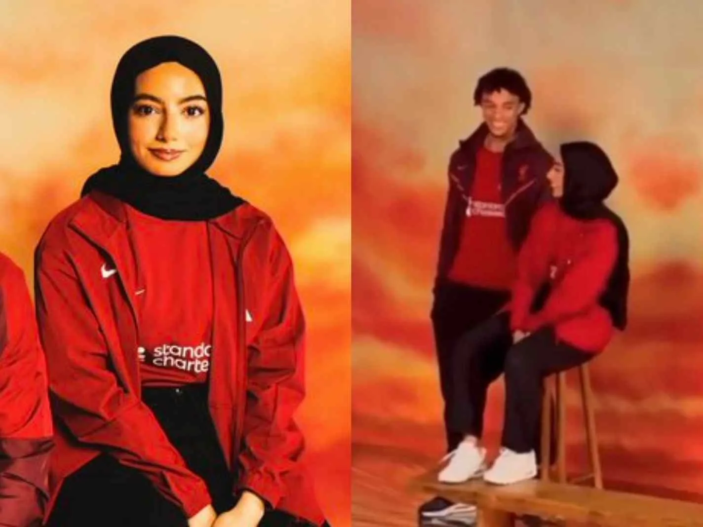The photo shows Selma Bazara with Trent Alexander-Arnold during Liverpool home kit photoshoot.