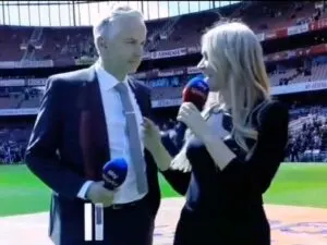 The photo shows Sky Sports presenters Alan Smith and Laura Woods.