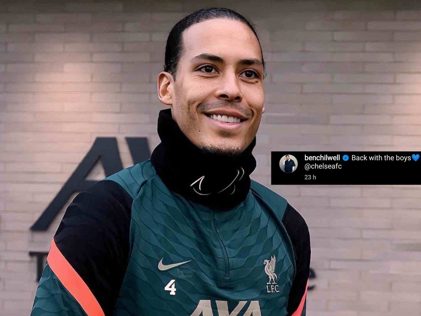 The photo shows Virgil van Dijk with a smile on his face in Liverpool training along with a screenshot of Ben Chilwell's Instagram post.