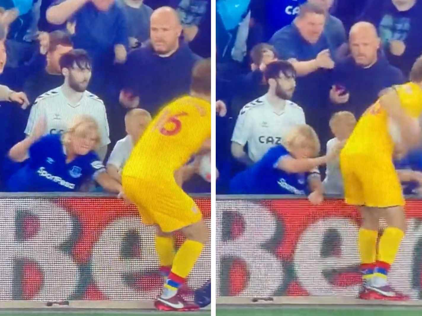 The photo shows an elderly Everton fan trying to hit Joachim Andersen.