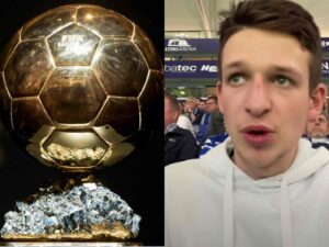 The photo shows the Ballon d'Or trophy along with a screenshot from Thogden's latest YouTube video.