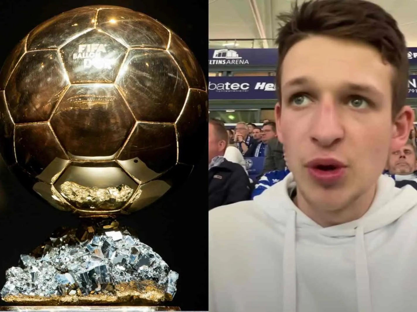 The photo shows the Ballon d'Or trophy along with a screenshot from Thogden's latest YouTube video.