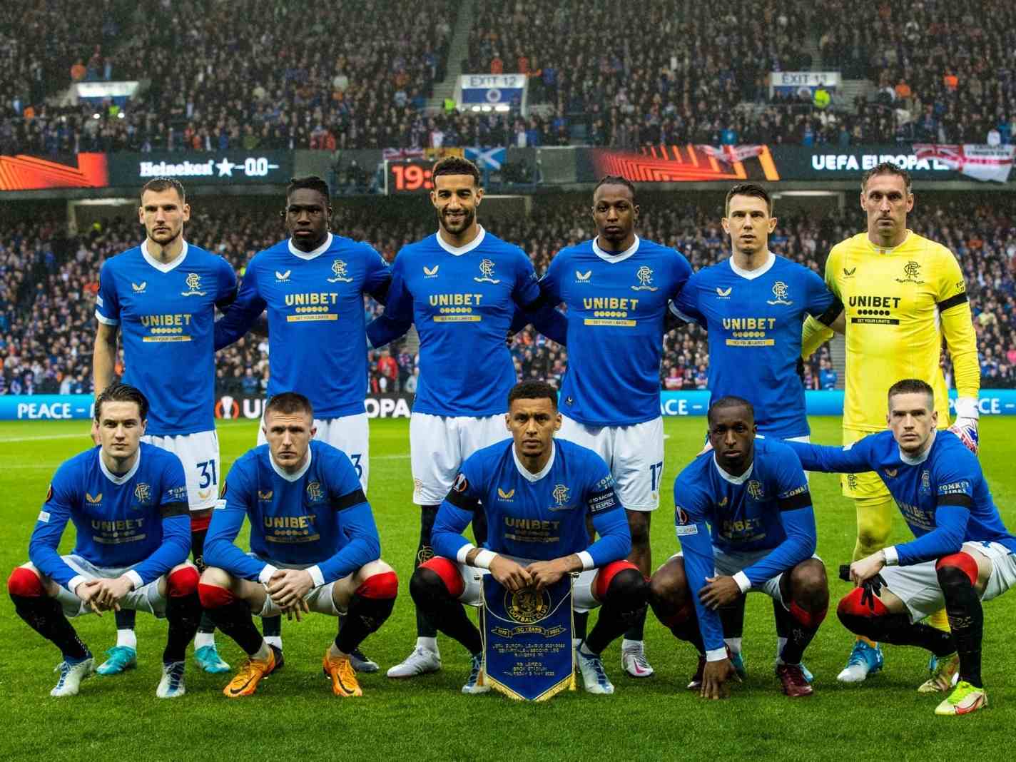 The photo shows the Rangers starting XI before their Europa League semi final against RB Leipzig