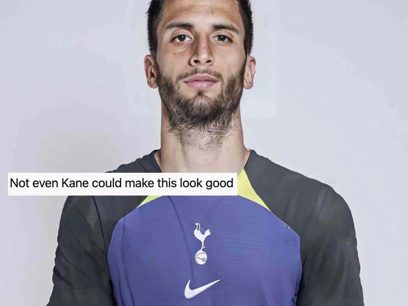 The photo shows the leaked design of Tottenham's away kit for 2223 season photoshopped on a model along with a Twitter reaction