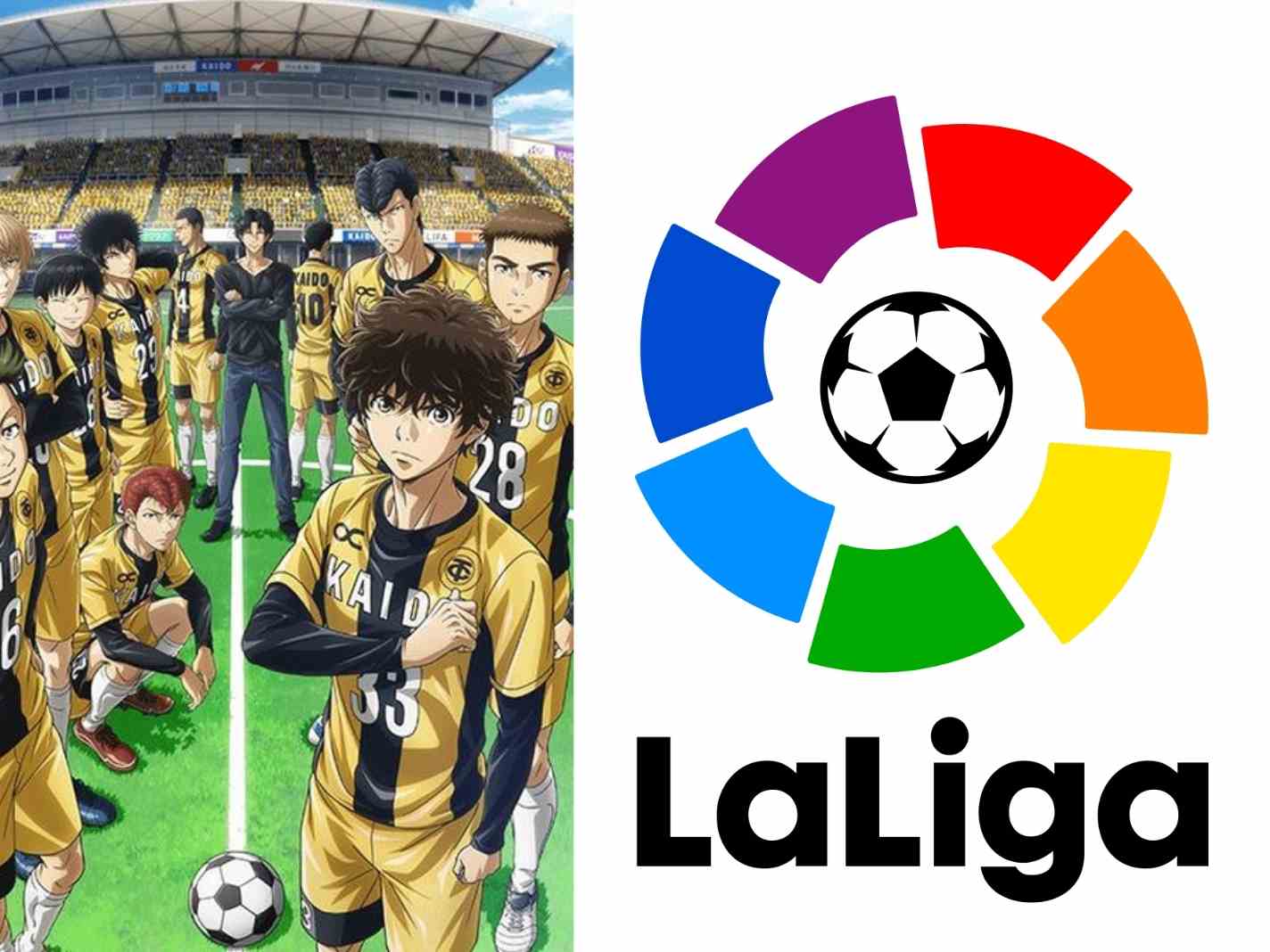 A two photo collage featuring Aoashi anime and La Liga logo