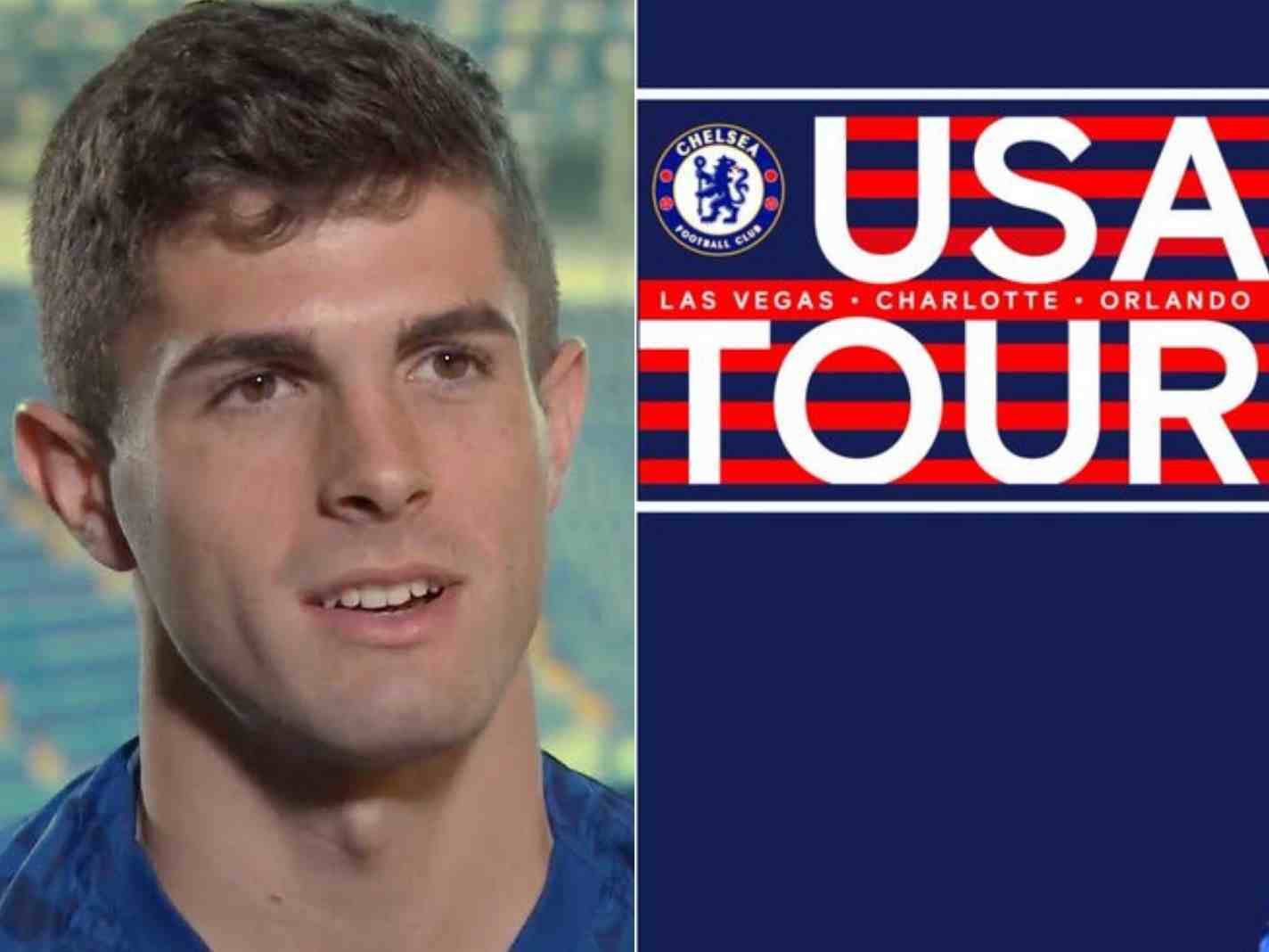 A two photo collage featuring Christian Pulisic and a screenshot of the promo of Chelsea's USA tour