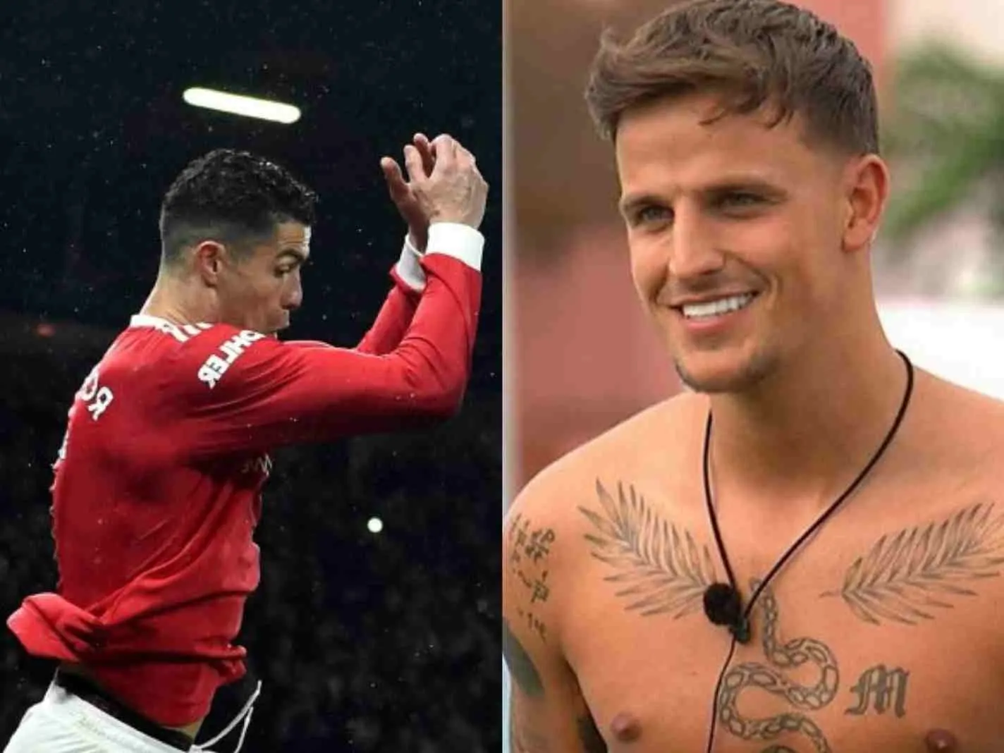 A two photo collage featuring Cristiano Ronaldo doing siu and Luca from Love Island.