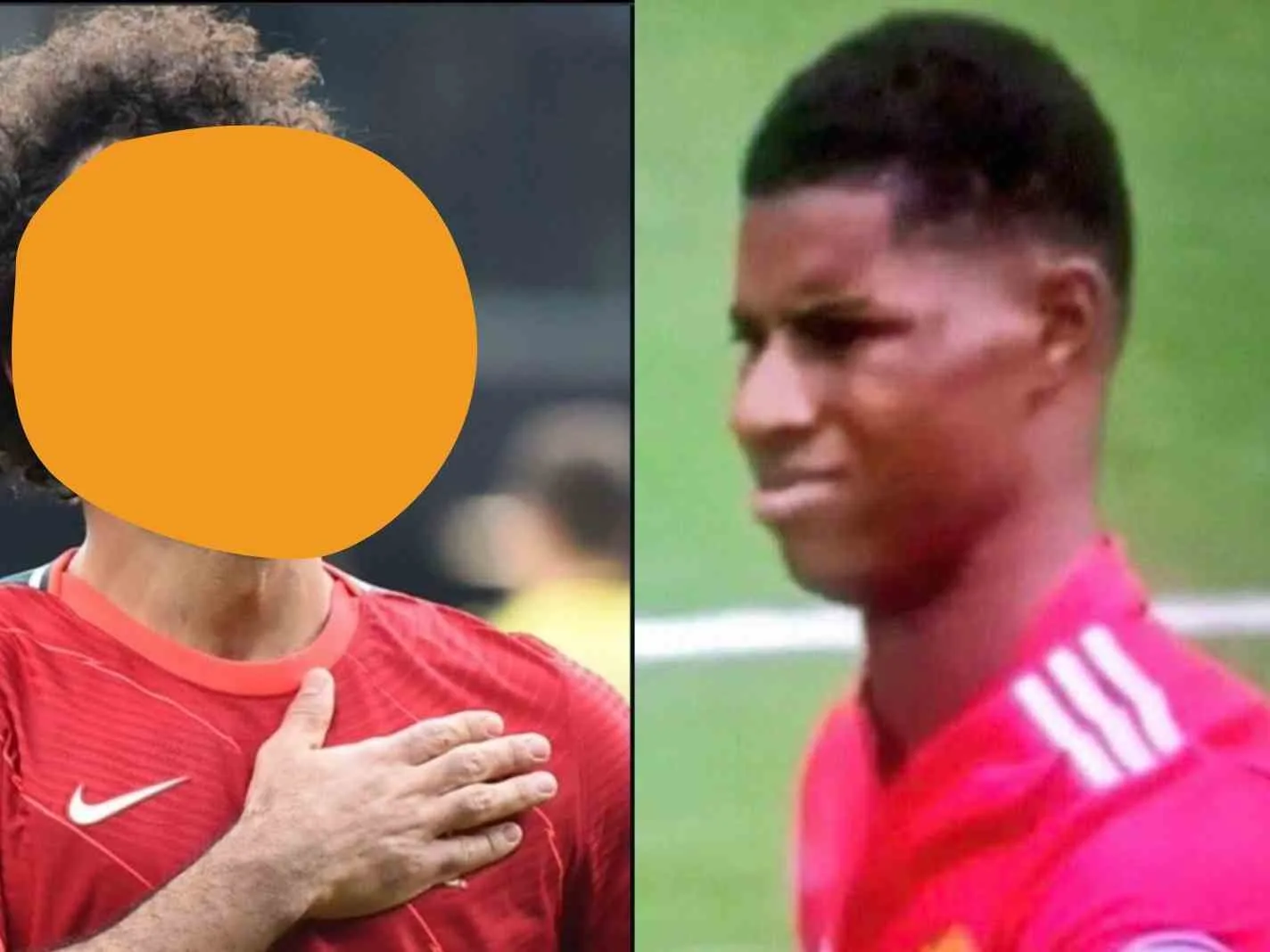 A two photo collage featuring Mohamed Salah (face covered) and Marcus Rashford
