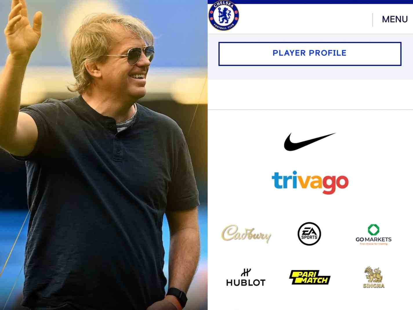 A two photo collage featuring Todd Boehly and a screenshot of Chelsea sponsors.