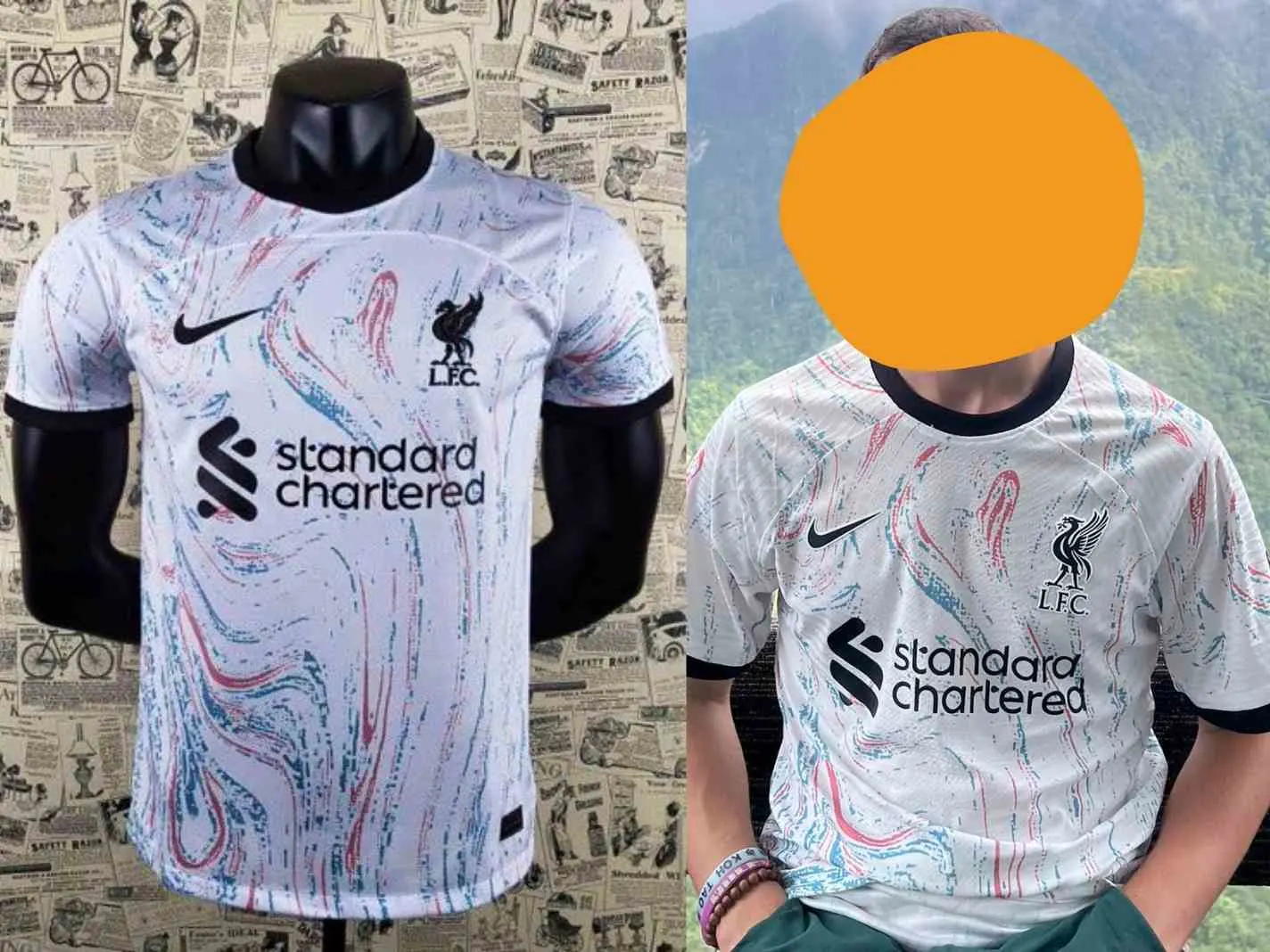 A two photo collage showing the leaked Liverpool away kit for 2223 season.