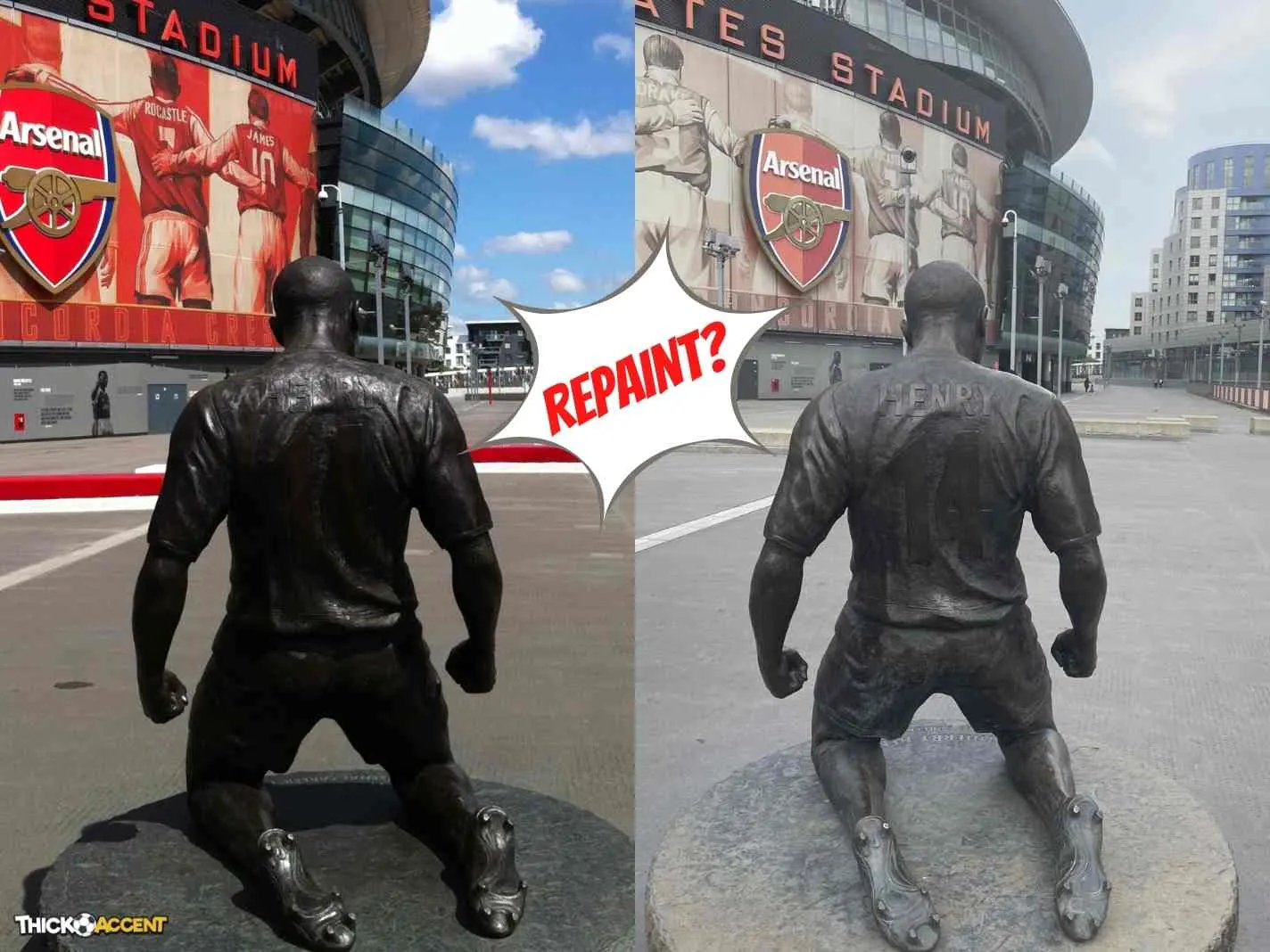 Faded Henry statue and Legends mural outside Emirates.