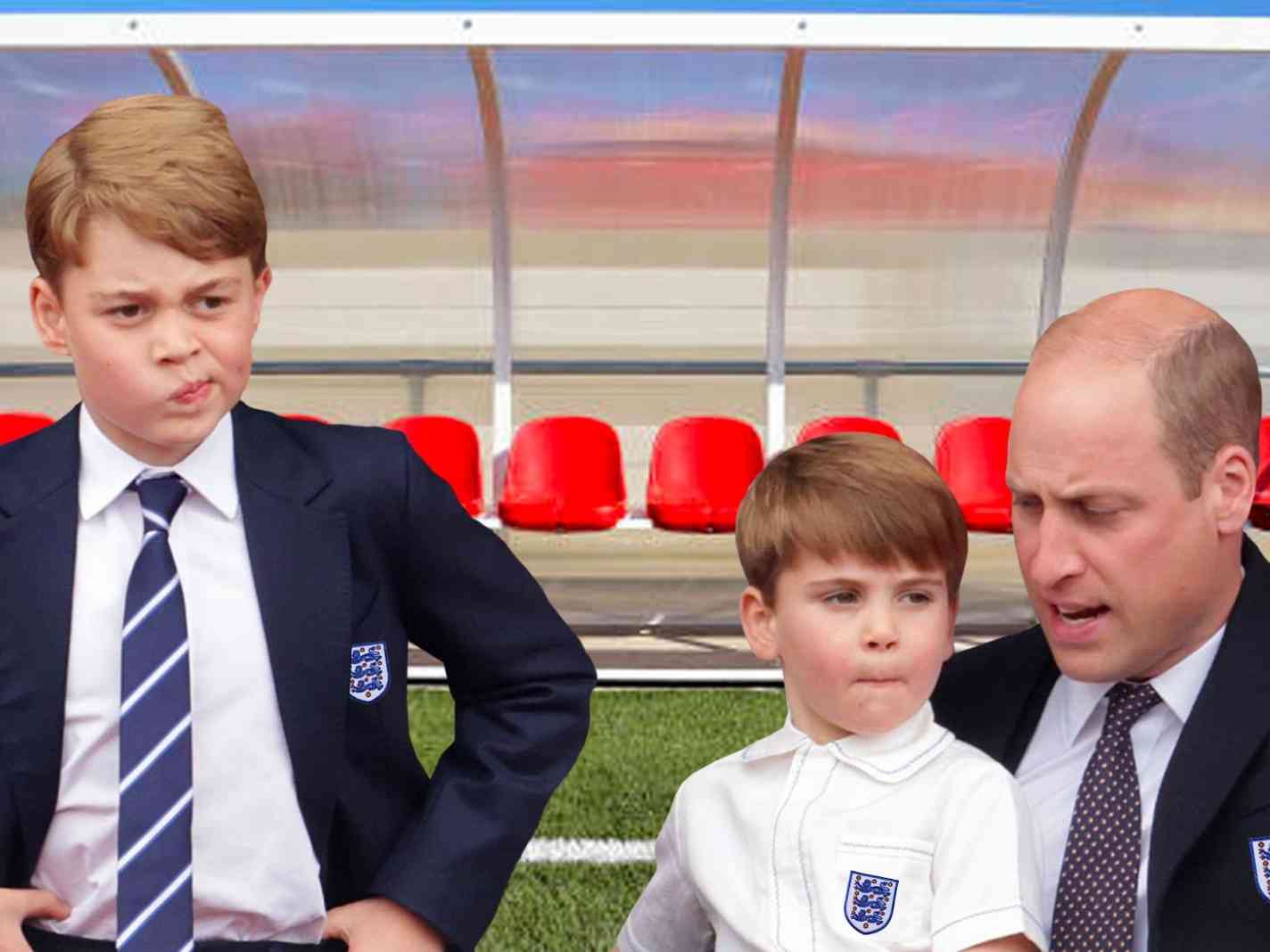 Photo of Prince George, Prince Louis and Prince William with a football bench in the background