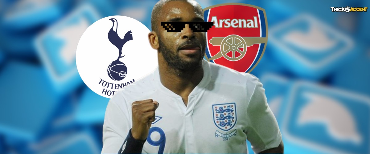 In this image - A photo of Darren Bent with logos of Spurs and Arsenal in the background