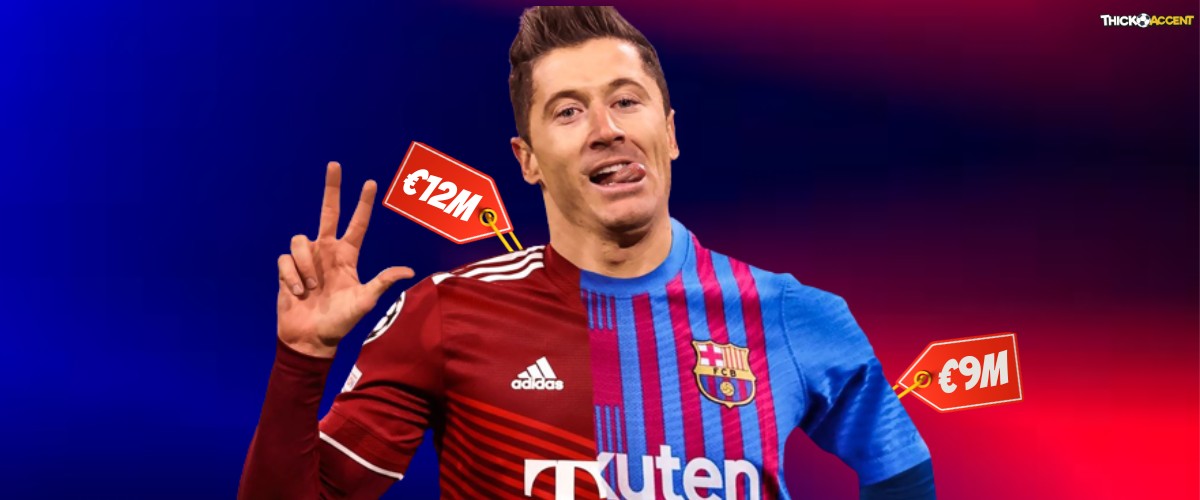 The photo shows Robert Lewandowski in half-n-half Bayern and Barcelona kit along with his salary tags at both clubs.