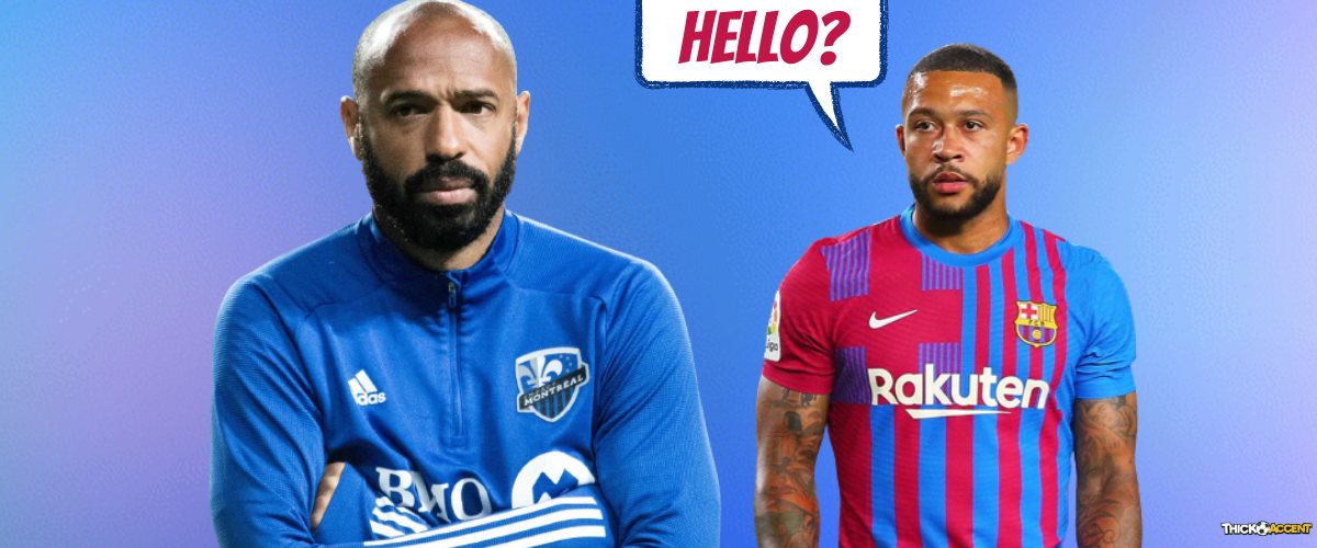 The image shows Thierry Henry and Memphis Depay with a text bubble of Memphis saying 'hello?'