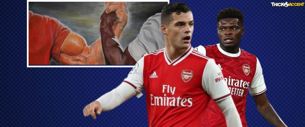 In this image: Photos of Granit Xhaka and Thomas Partey with the Epic Handshake meme image in the background.