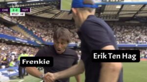 Frenkie de Jong x MUFC meme depicted with the help of Conte and Tuchel handshake incident