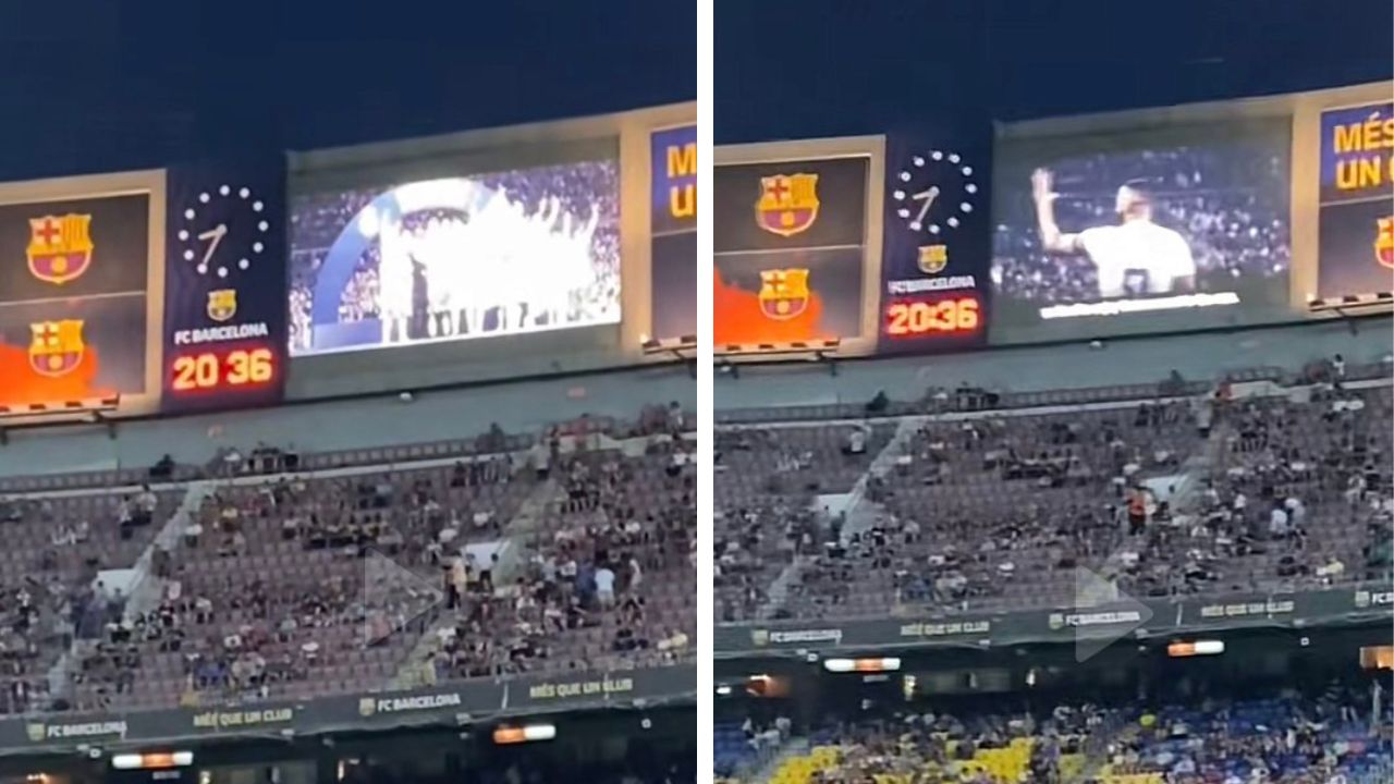Moment Camp Nou Plays Real Madrid Video On Big Screen Before UCL Game