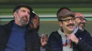 Brendan Hunt and Jason Sudeikis at Stamford Bridge